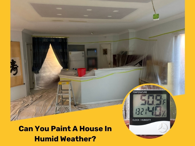 Preparing to paint a house with plastic coverings and tools, showing high humidity levels on a digital gauge.