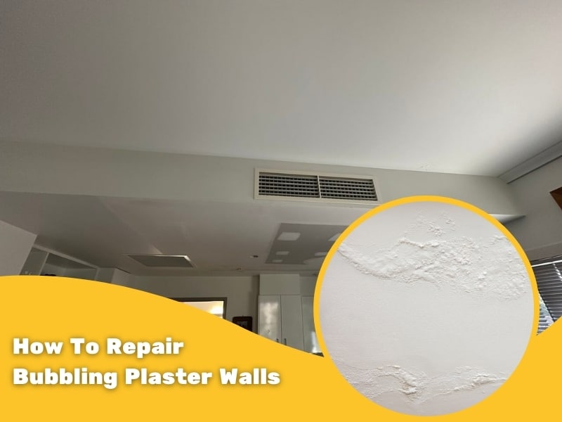 Plaster wall with bubbling texture, showing step-by-step process on how to repair bubbling plaster walls.